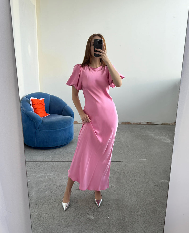 UPSIDE DOWN | KENDALL SATIN DRESS CANDY | Bias cut satin midi dress with puff sleeves and a keyhole button closure at the back neck. The bias silhouette of this dress gently contours the body, while the satin...