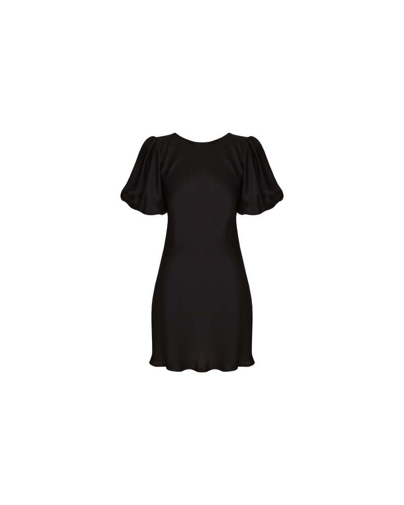 KENDALL SATIN MINIDRESS BLACK | Bias cut satin minidress with puff sleeves and a keyhole button closure at the back neck. The bias silhouette of this dress gently contours the body.