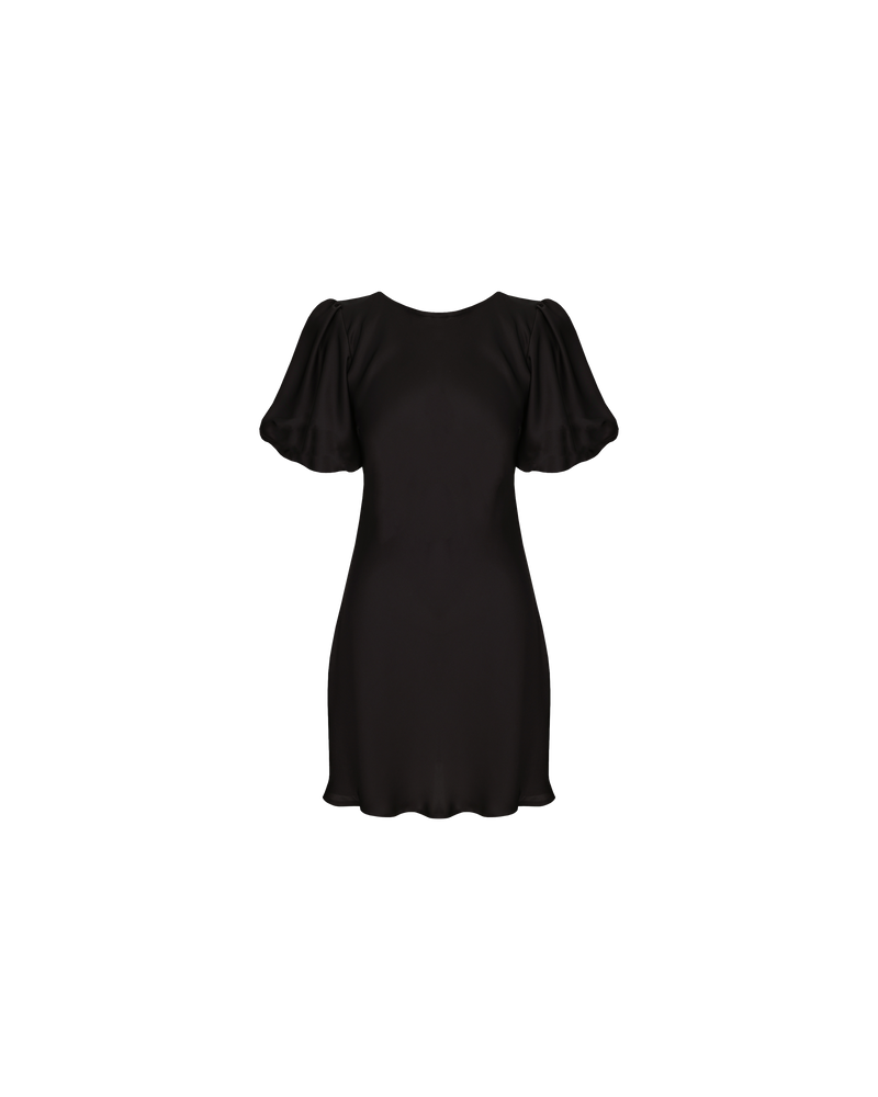 KENDALL SATIN MINIDRESS ESPRESSO | Bias cut satin minidress with puff sleeves and a keyhole button closure at the back neck. The bias silhouette of this dress gently contours the body.