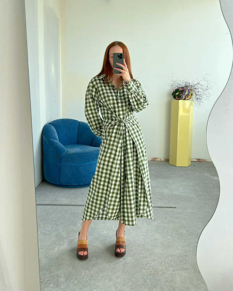 RSR SAMPLE 3099 KLEIN GINGHAM WRAP DRESS | RUBY Sample Klein Gingham Wrap Dress in olive gingham. Size 8. One available. Dani usually wears a size 8.