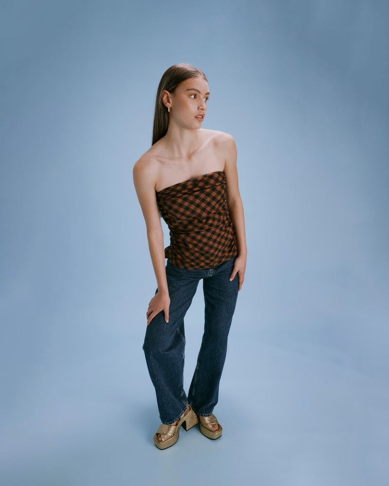 KLEIN GINGHAM BODICE CHOCOLATE CHECK | Strapless bodice with ruched detail throughout, cut in a neutral gingham. This form fitting silhouette pairs perfectly with a shirt underneath, or worn by itself