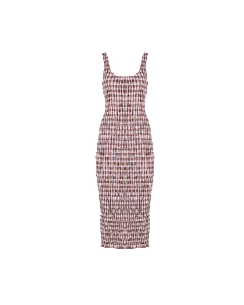 KLEIN GINGHAM MIDI DRESS LILAC GINGHAM | Shirred midi dress with a scoop neckline and ruffle hem detail in a playful lilac and brown. The shirring adds texture to the piece while also ensuring it fits closely...