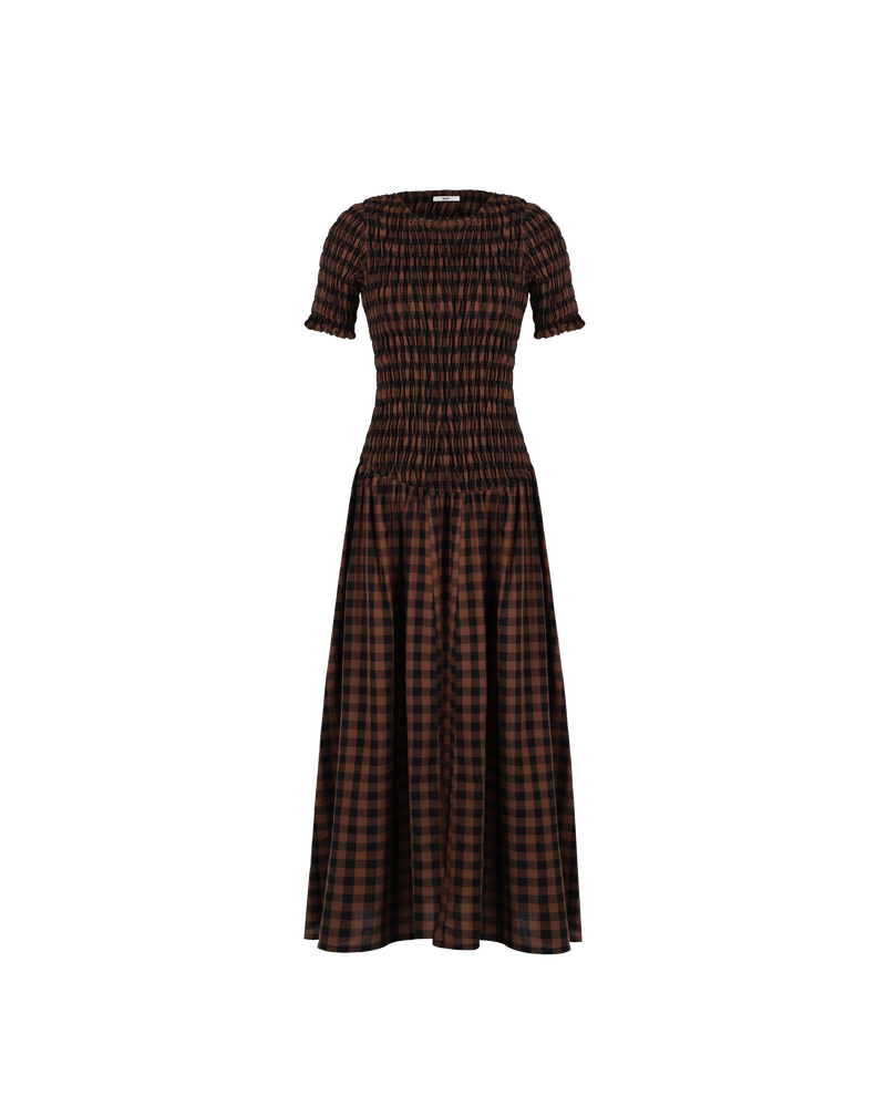 KLEIN GINGHAM T-SHIRT DRESS CHOCOLATE CHECK | Shirred t-shirt maxi dress with an A-line skirt cut in a neutral gingham. The contrast between the form fitting bodice and the full skirt creates an amazing silhouette.