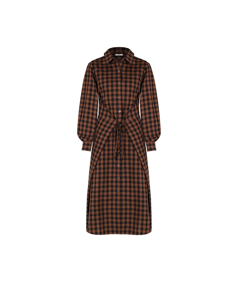 KLEIN GINGHAM WRAP DRESS CHOCOLATE CHECK | Longsleeve shirt dress with front button placket and a wrap waist tie. Designed in a classic shirt silhouette, cut from a neutral toned gingham cotton.