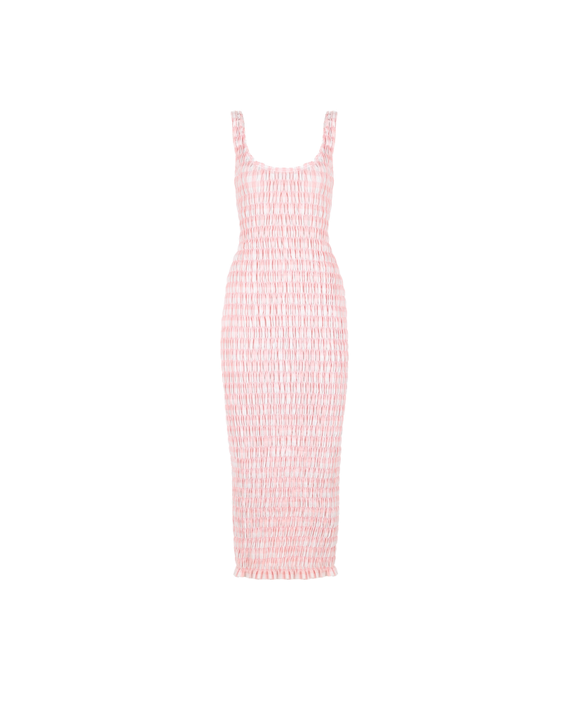 KLEIN GINGHAM MIDI DRESS PINK GINGHAM | Shirred midi dress with a scoop neckline and ruffle hem detail in a playful pink gingham. The shirring adds texture to the piece while also ensuring it fits closely to...