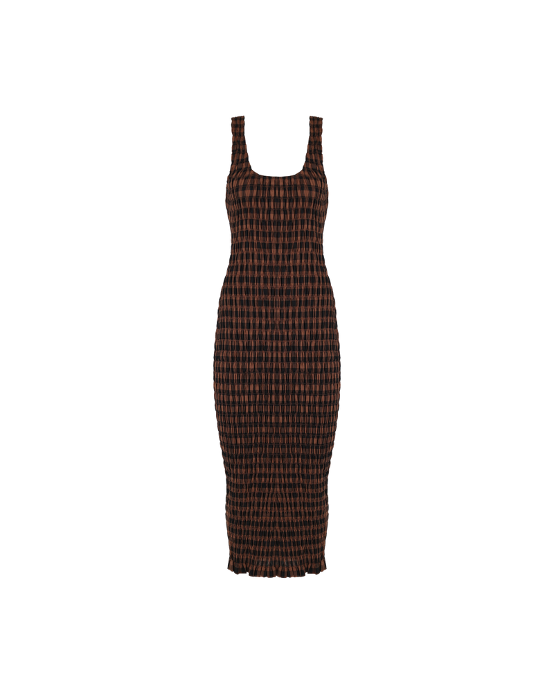 KLEIN GINGHAM MIDI DRESS CHOCOLATE CHECK | Shirred midi dress with a scoop neckline and ruffle hem detail in a neutral toned gingham. The shirring adds texture to the piece while also ensuring it fits closely to...