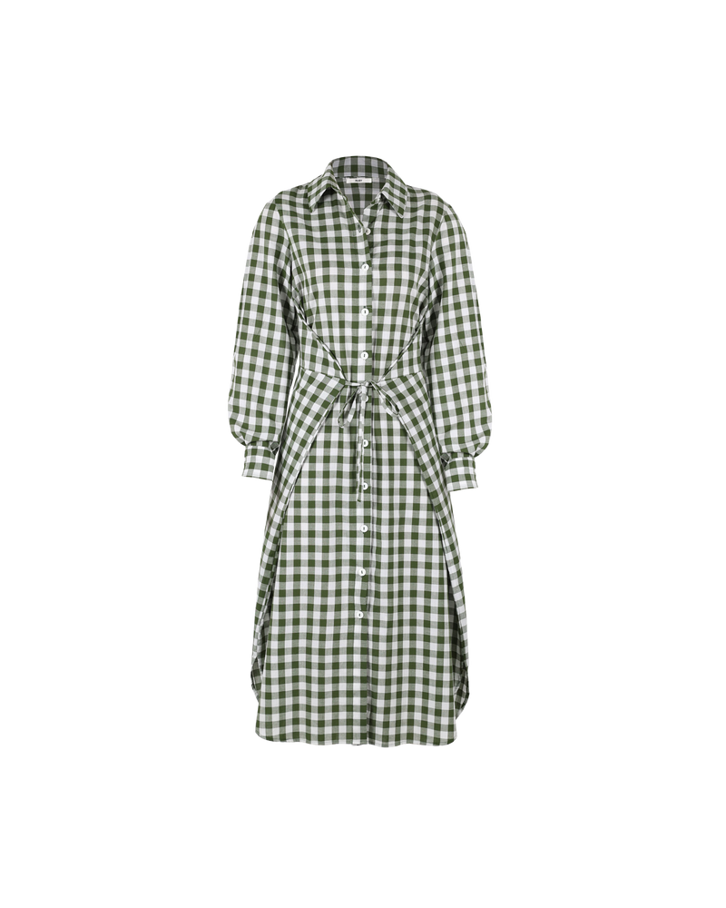 KLEIN GINGHAM WRAP DRESS KHAKI GINGHAM | Longsleeve shirt dress with front button placket and a wrap waist tie. Designed in a classic shirt silhouette, it's cut from a crisp khaki gingham cotton.