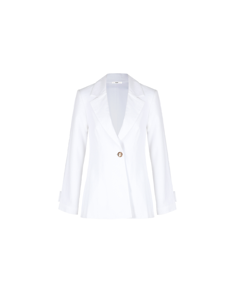 KOS LINEN BLAZER WHITE | Boxy shaped single-breasted blazer designed in a crisp white linen. Designed to have a relaxed fit, this blazer is both timeless and a wardrobe staple.