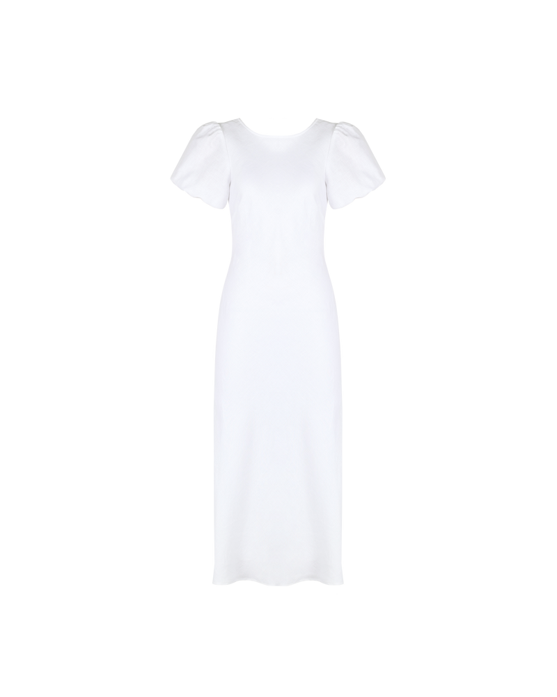 KOS LINEN DRESS WHITE | Bias cut dress with a subtle puff sleeve and cut out back with neck-ties. Cut in a white linen, this piece is designed to perfectly skim over your body, while...