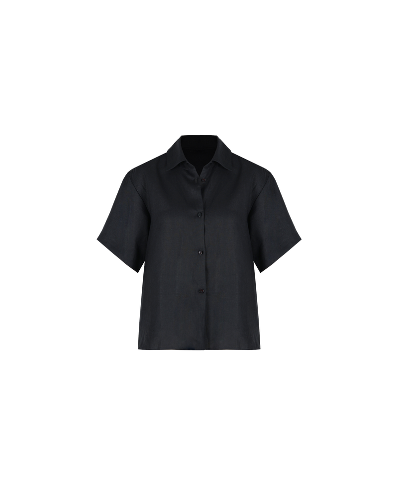 KOS LINEN SHIRT BLACK | Boxy short sleeve shirt designed in a black linen. Simple in shape yet versatile, this shirt can be worn as a set with the matching Kos Linen Miniskirt or as...