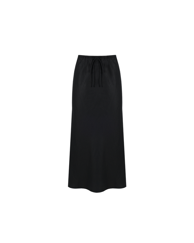 KOS LINEN SKIRT BLACK | Bias cut straight skirt designed in a soft black linen. Features a drawstring at the waist to let you decide how high or low you want to wear it. This skirt...