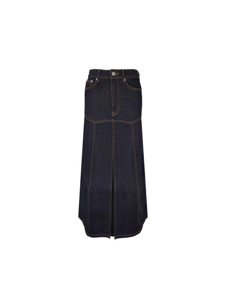 KURT DENIM SKIRT UNWASHED | A-line basque style skirt, design in a soft raw denim. This skirt has contrast stitching, pockets and a front split for ease of movement.