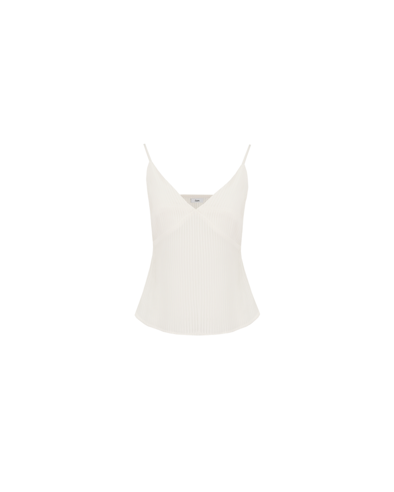 KYLE CAMISOLE IVORY | V-neck camisole with built-in waist ties, designed with pin tucks throughout, creating a textured stripe look. The fabric of this piece is delicate and luxe, which elevates its simple shape.