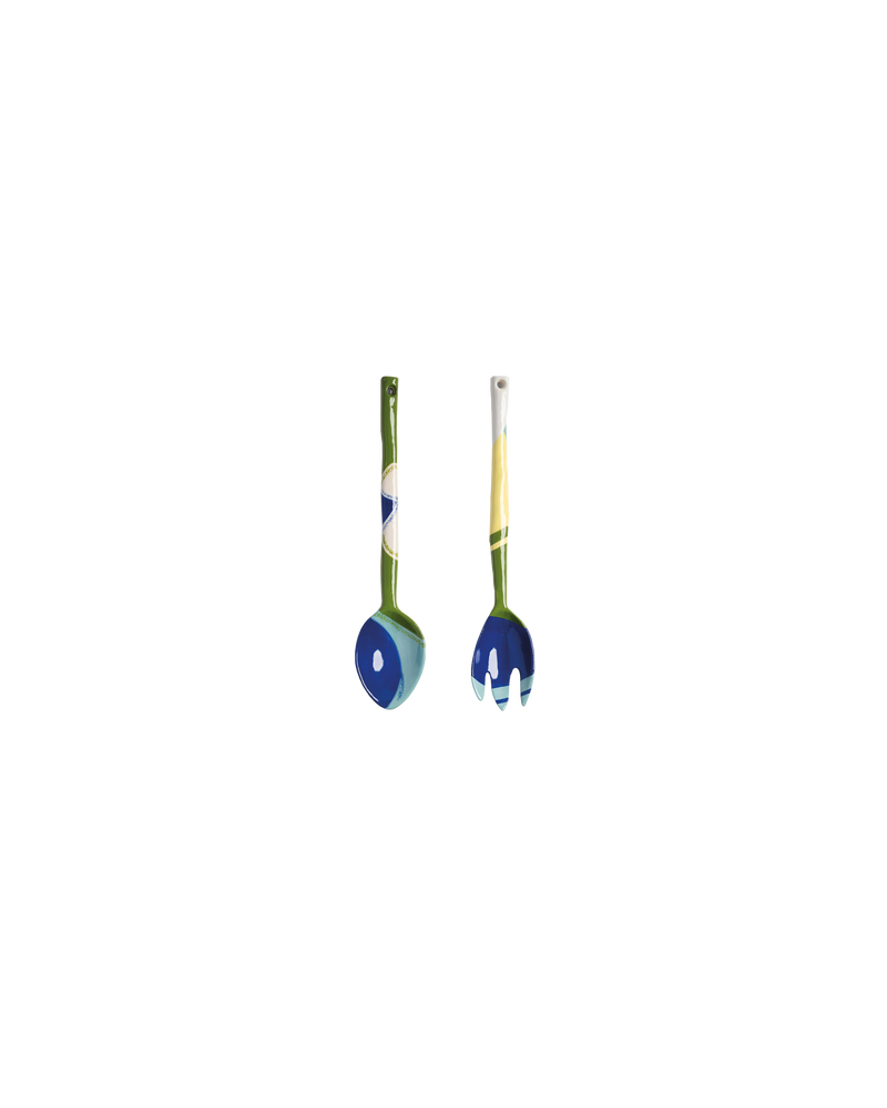 WASCO SALAD SERVER SET BLUE | Bring colour to your table setting with these porcelain salad servers designed in a blue abstract print.