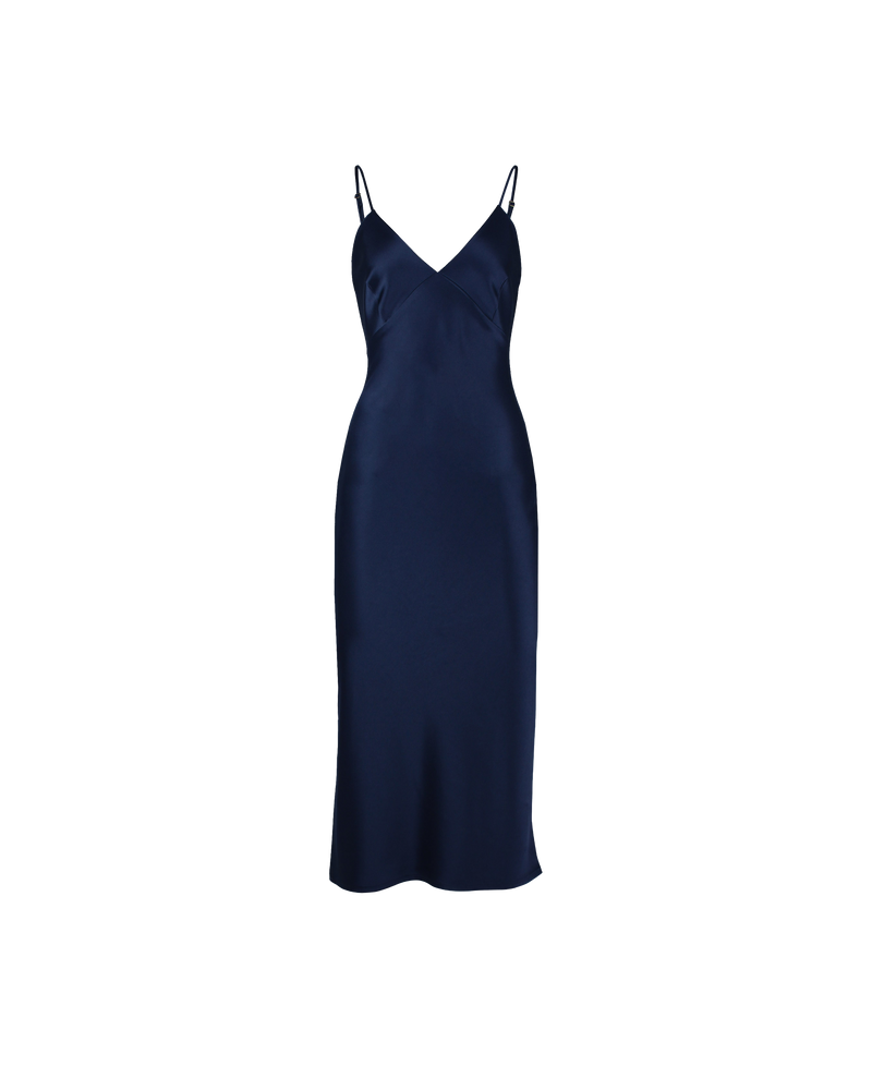 WEIRDER SLIP NAVY | Iconic bias cut slip dress with plunging neckline. A wardrobe staple in heavy weight double satin that is lush to wear, in a rich navy shade.