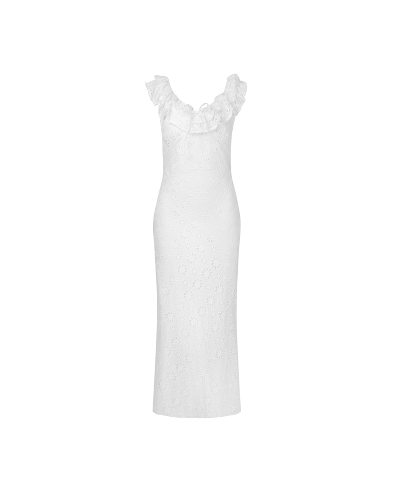 LEONIE RUFFLE DRESS WHITE | Bias cut midi dress with a feature ruffle neckline in luxe broderie cotton. Features a back tie and scooped back neck that adds to the soft look of this dress.