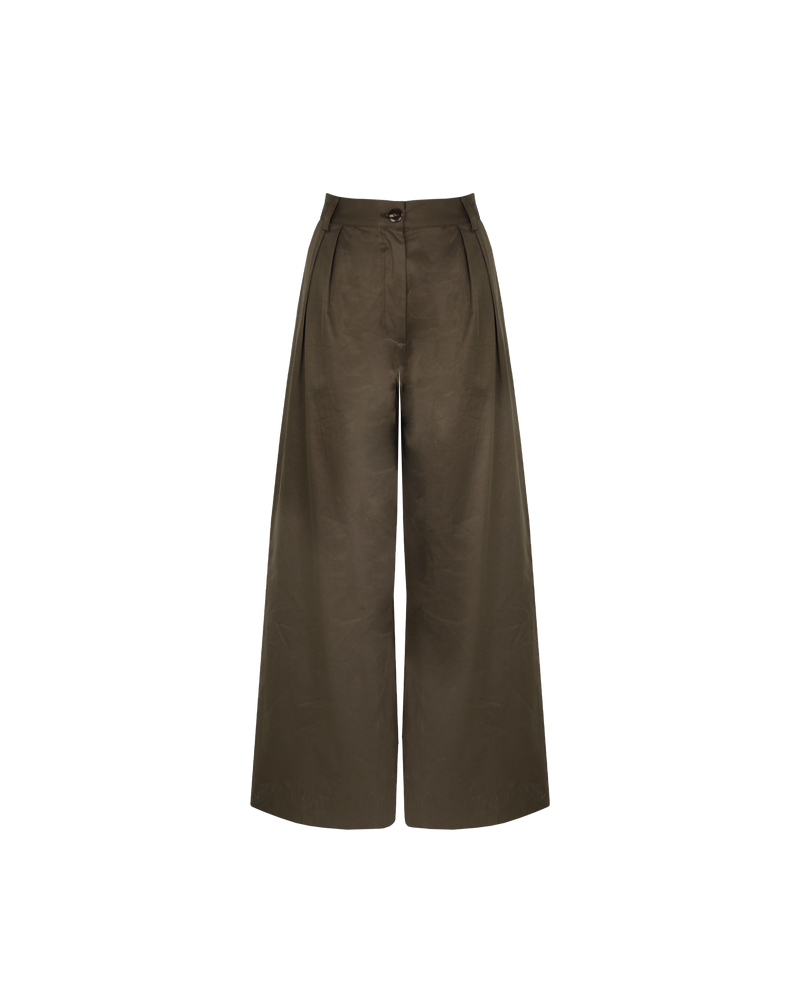 LEWIS PANT OLIVE | High-waisted drill pant with a wide leg and front pleats. Beautifully tailored in an olive coloured cotton.