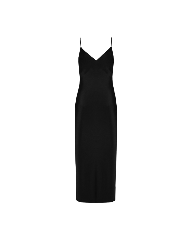 LOLA SLIP DRESS BLACK | V-neck slip dress designed in a soft satin fabric. This dress features a built in bust shelf for extra support, and comes with a detachable tie for you to style...