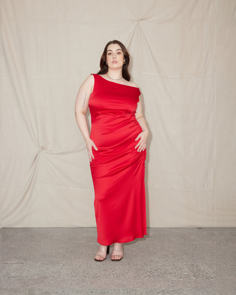  ERCOLINI MAXI DRESS LIPPY RED | Featuring a straight neckline and side split, ruche the Ercolini Maxi Dress in lippy red as much as you like with its drawstring detail.