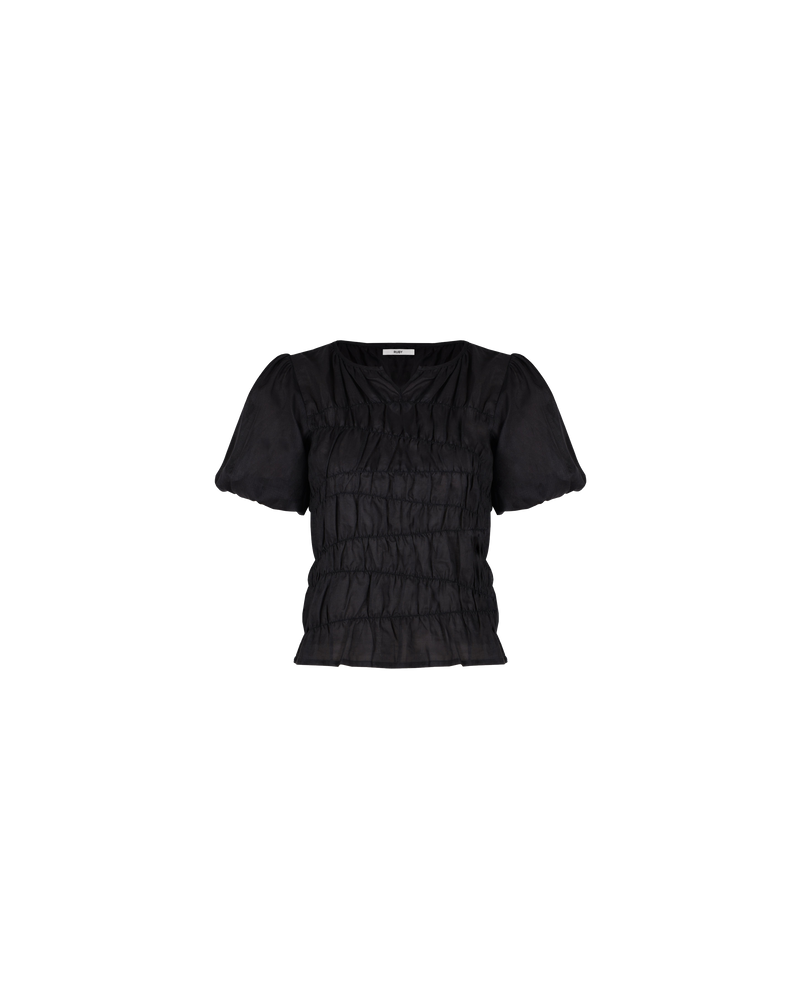 LILLIE T-SHIRT BLACK | Elasticated blouse with puff sleeves and a frill hem, made from a delicate translucent ramie voile. The elastic detail creates texture in the piece, and contrasts with the gauzy nature...