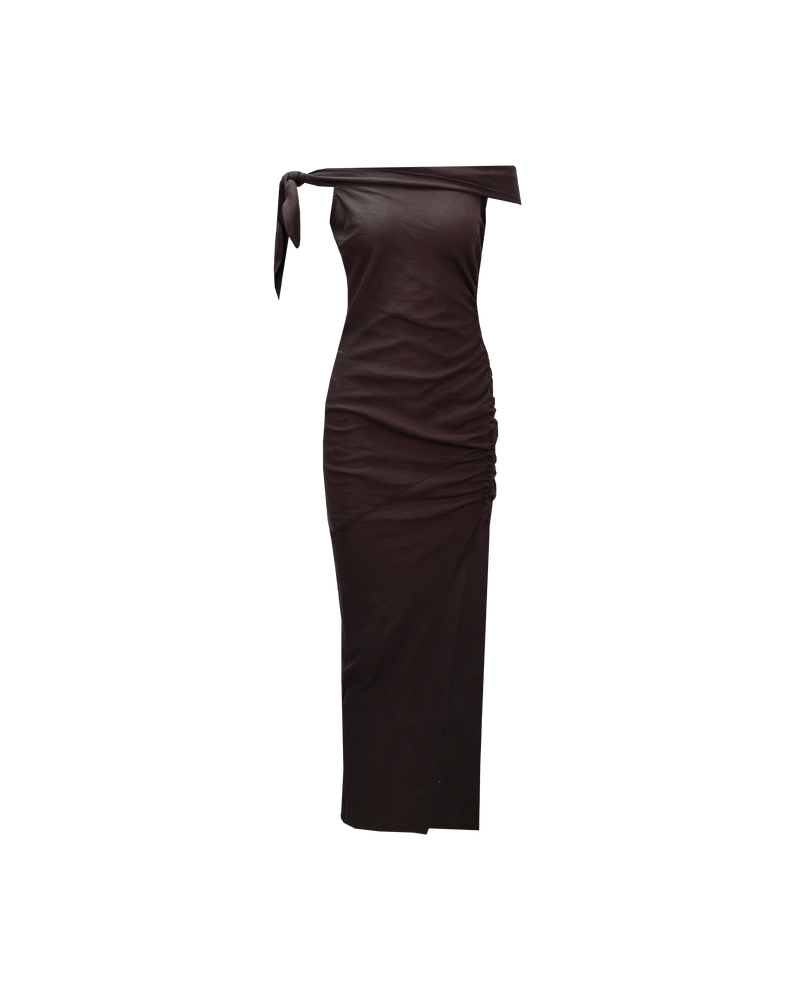 LILY DRESS JAVA | Asymmetrical off-shoulder midi dress with a feature tie at the right shoulder. The side seam drawstring detail is designed to create gathered detailing across the body.