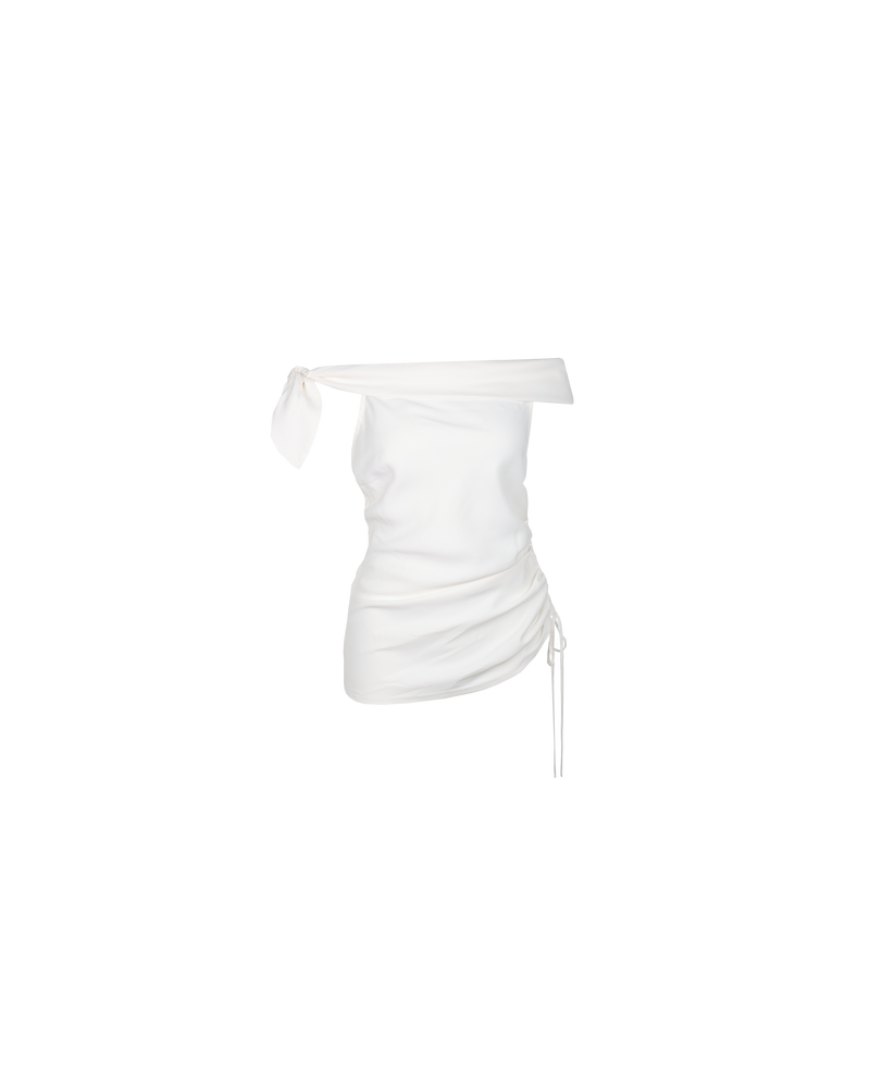 LILY OFF SHOULDER TOP WHITE | Asymmetrical off-shoulder top with a feature tie at the right shoulder. The side seam drawstring detail is designed to create gathered detailing across the body.