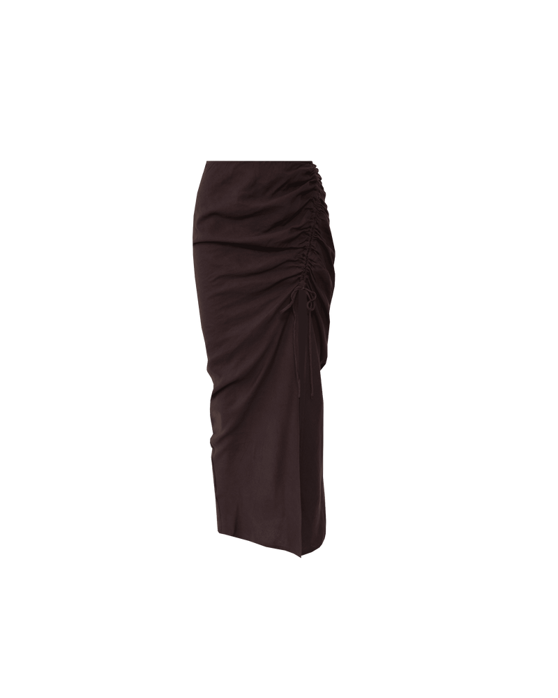 LILY SKIRT JAVA | Straight fit midi skirt with a drawstring on one side to create gathering and a side split. Designed in a rich java linen blend.