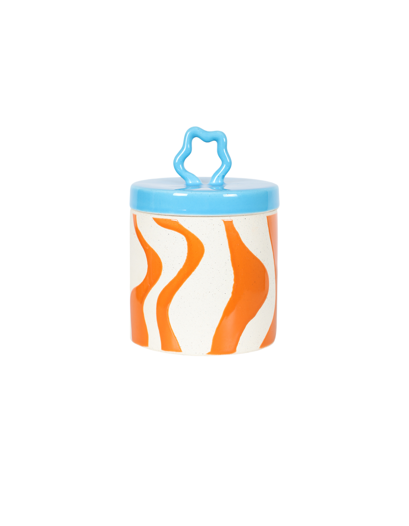 LIQUID JAR MEDIUM MULTI | 70's inspired wavy ceramic jar. The coloured lid is designed with a squiggle handle and ensures that all items can be safely stored inside.