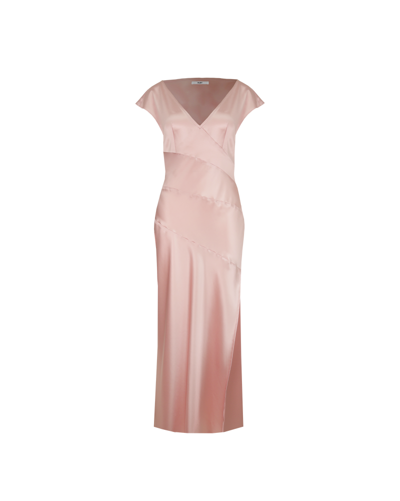 LIV GOWN PINK | Cap sleeve gown designed in a luxe pink satin. This show-stopping piece features asymmetrical patchwork detailing throughout and a side split for movement.