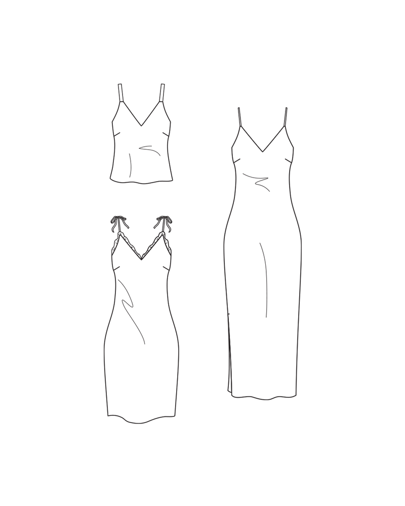 LOLA PATTERN | V-neck slip dress with a built-in shelf bra and neckline ruffle. Available to make in 3 variations, a midi dress, mini dress and camisole.