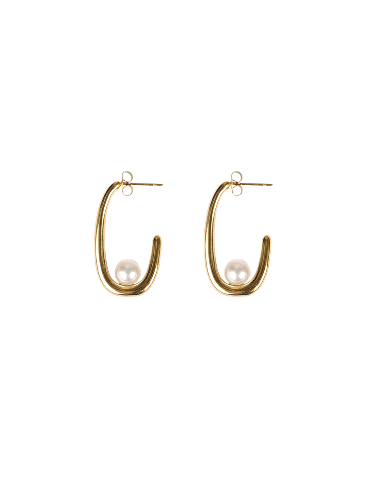 LOLLO EARRING  GOLD | Gold oval hoop earring with a feature nested pearl detail. These earrings are light-weight making them comfortable to wear for long periods of time.