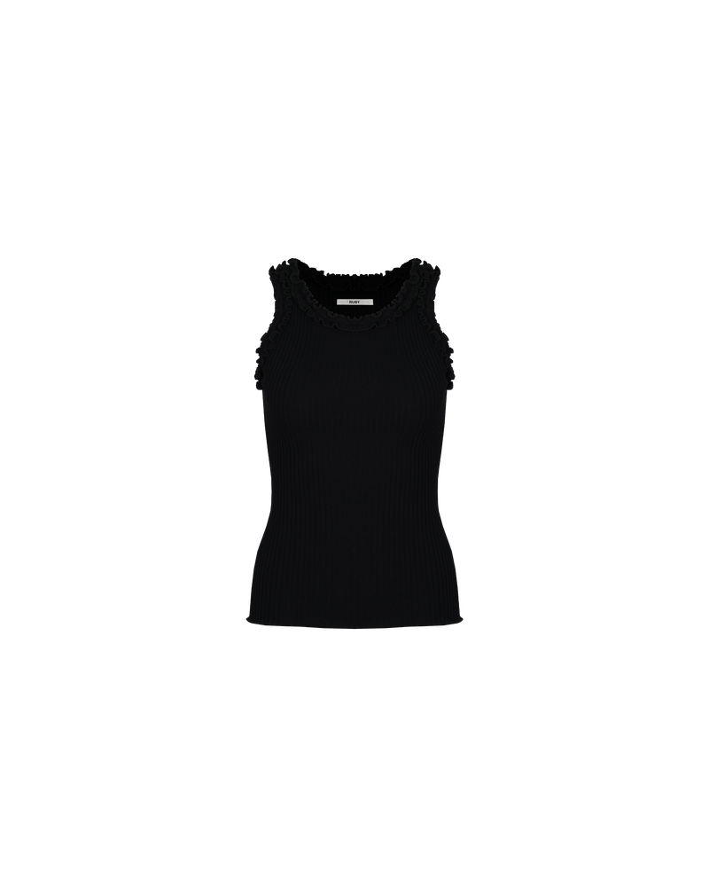 LOLLO TANK BLACK | Ribbed knit singlet with a feature 'lettuce' edging around the neckline and arm holes. The perfect elevated basic for layering or worn on its own.