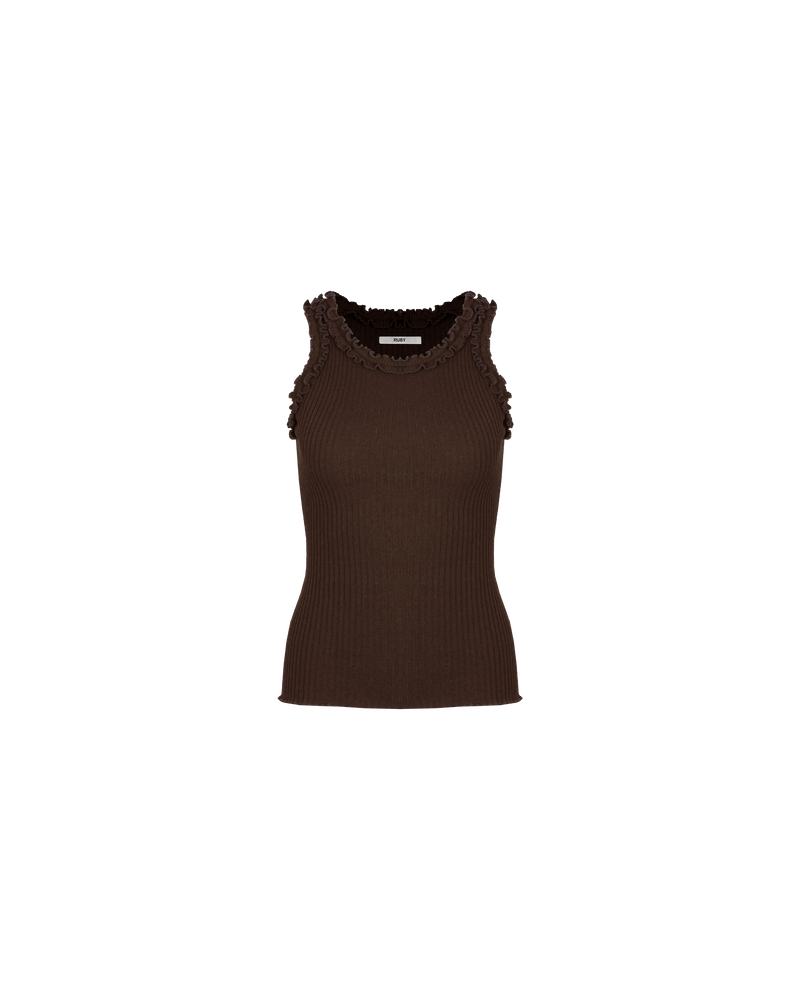LOLLO TANK CHOCOLATE | Ribbed knit singlet with a feature 'lettuce' edging around the neckline and arm holes. The perfect elevated basic for layering or worn on its own.