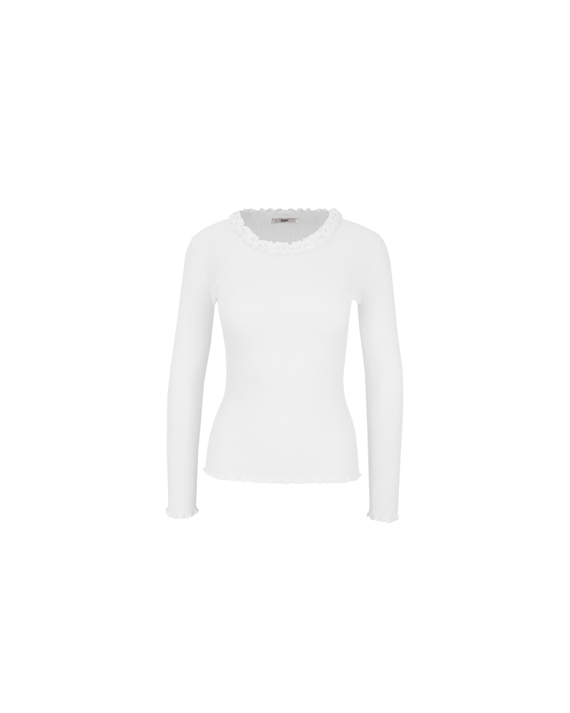 LOLLO CREW NECK LONG SLEEVE WHITE | Ribbed knit long sleeve with a feature 'lettuce' edging around the neckline, sleeve cuff and hemline. The perfect elevated basic for layering or worn on its own.
