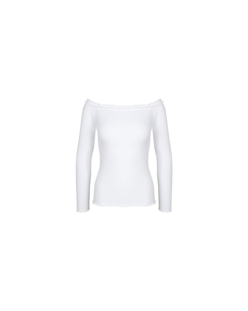 LOLLO LONGSLEEVE WHITE | This off-the-shoulder long sleeve top features a delicate ruffle along the neckline, complementing its ribbed texture throughout. Pairs perfectly with the Lollo Tank.