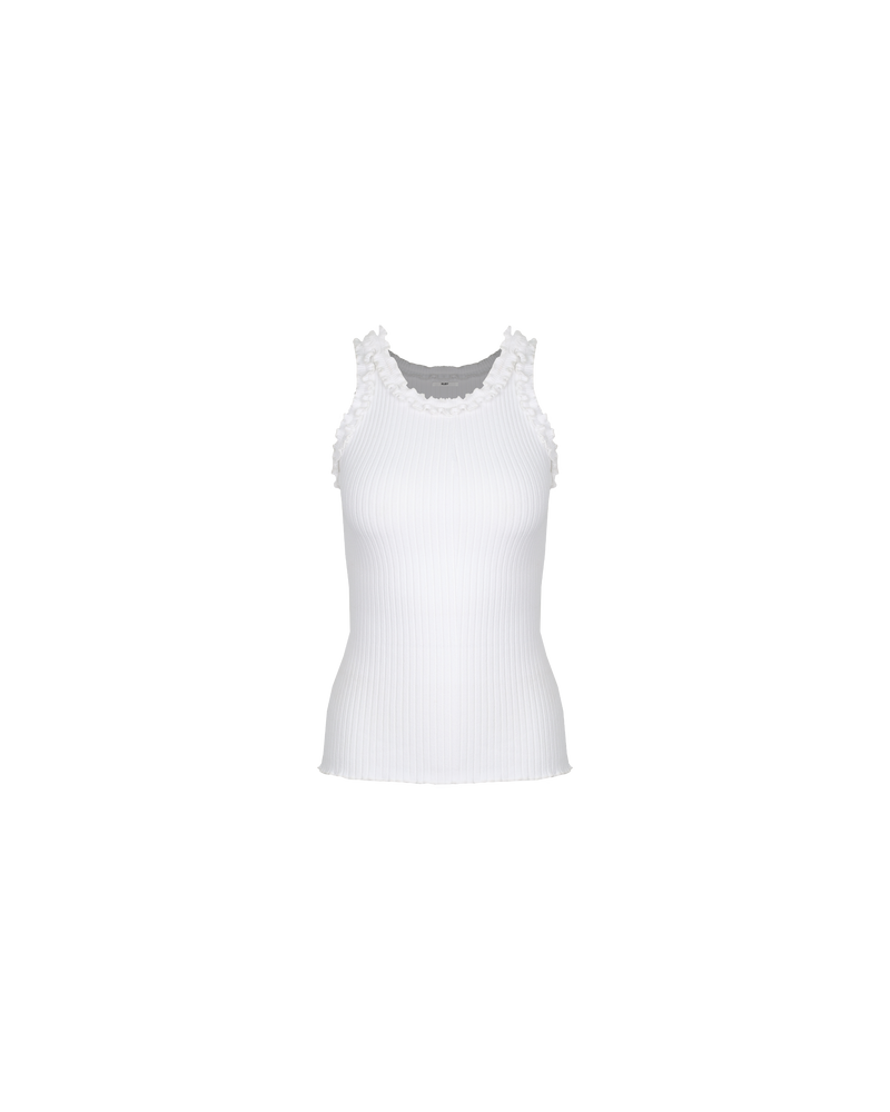 LOLLO TANK WHITE | Ribbed knit singlet with a feature 'lettuce' edging around the neckline and arm holes. An elevated basic for layering or worn on its own. Pairs perfectly with the Lollo Longsleeve.