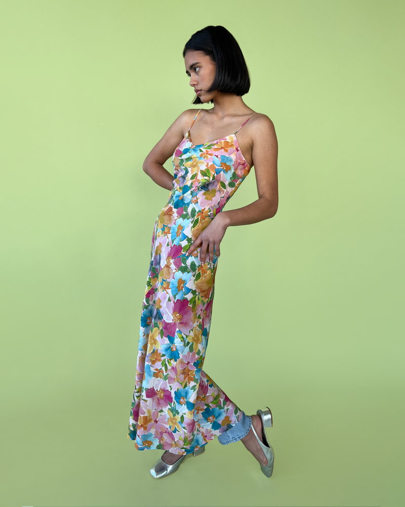 EMELIE SILK SLIP LOLLY FLORAL | Made from 100% silk, Emelie features adjustable straps, a bias cut, and a waist tie to cinch in the waist if desired.