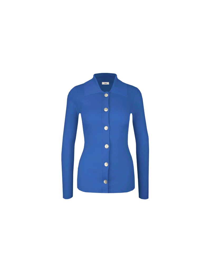 LOTTIE CARDIGAN ROYALE | Collared cardigan designed in a light-weight royale blue knit. This piece features oversized shell buttons down the centre, that can be style buttoned-up or worn open as a layering piece.