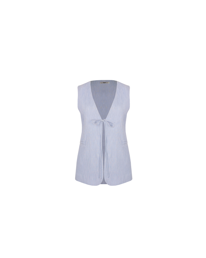 LOU TIE VEST PASTEL BLUE | V-neck vest top with a tie front closure imagined in a pale blue textured fabric. This vest can be worn on its own or layered over shirts & dresses as...