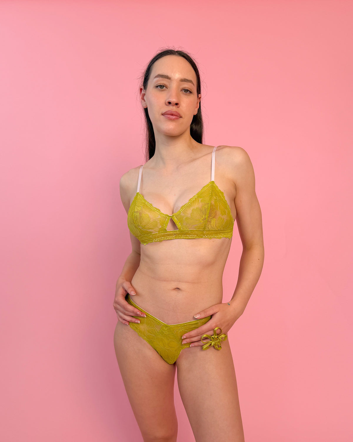 ISABELLA MID SUPPORT LACE BRA CHARTREUSE | The Isabella wireless lace bra features a double band, cut out detail, and is crafted from soft, breathable lace. Designed to offer a medium level of support, ideal for everyday and occasional wear. It has a double row of elastic...