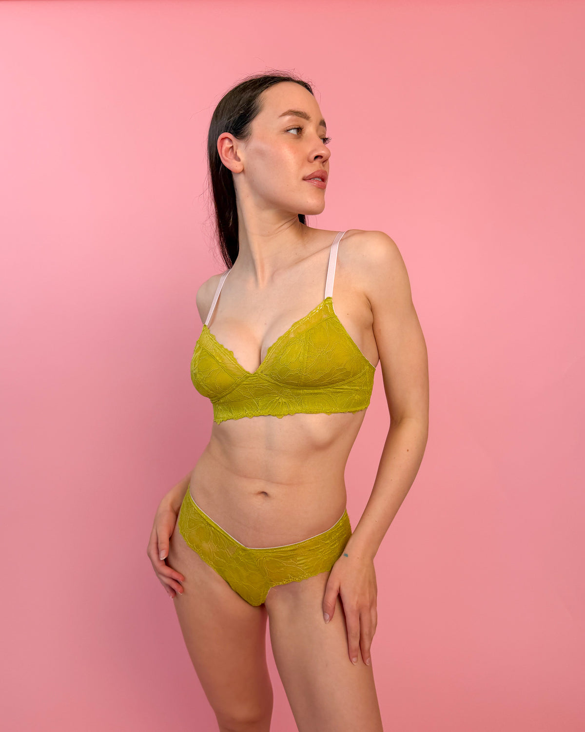 DOLLY FULL SUPPORT LACE BRA CHARTREUSE | Named after the iconic Dolly Parton, this wireless bra is crafted in a soft, breathable lace with mesh lining. Designed to offer full support, this bra is double lined with a thick under-band and side boning. It offers firm support...