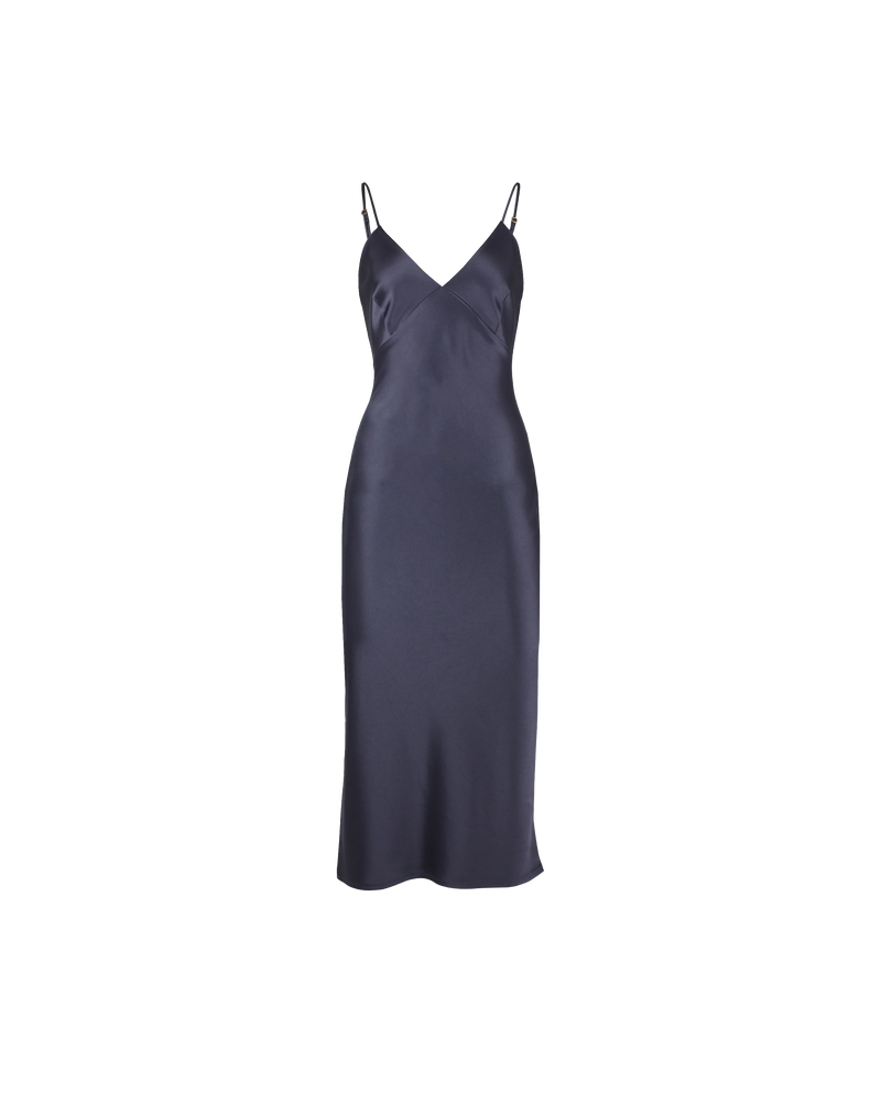 WEIRDER SLIP CHARCOAL | Iconic bias cut slip dress with plunging neckline. A wardrobe staple in heavy weight double satin that is lush to wear, in a charcoal satin.