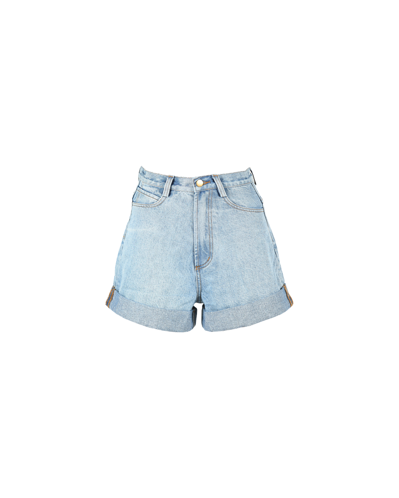  MAC DENIM SHORT VINTAGE BLUE | Highwaisted cuffed denim short, in a vintage inspired blue denim with light stretch. Finished with silver button detailing and contrast stitching, these shorts are a 70's daydream.
