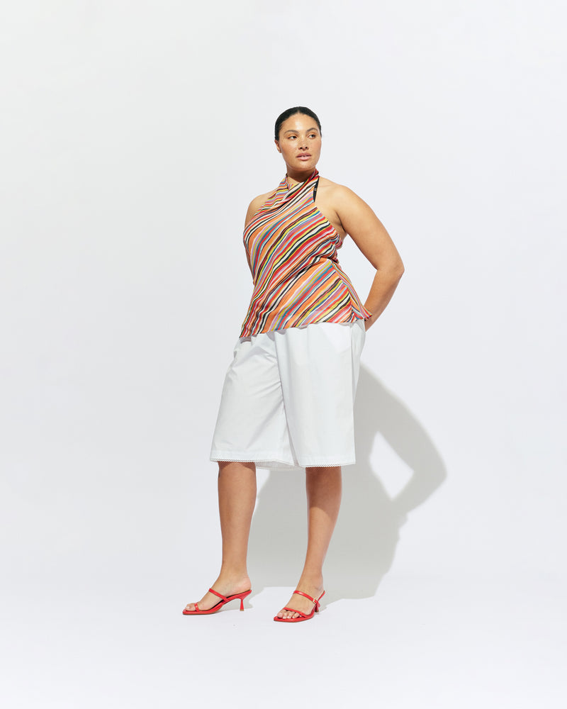 MADRID HALTER TOP LIQUORICE STRIPE | Backless halter top designed in our vibrant liquorice stripe. The ultimate statement piece to wear with your favourite summer shorts or denim. Pair it with the Lydia Head Scarf for the perfect festival look.