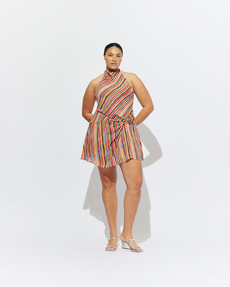 MADRID MINI DRESS LIQUORICE STRIPE | The newest addition to our Madrid story, this mini halter dress is designed in a vibrant liquorice stripe. Featuring a waist tie gather and open back, this is the ultimate statement dress. 
