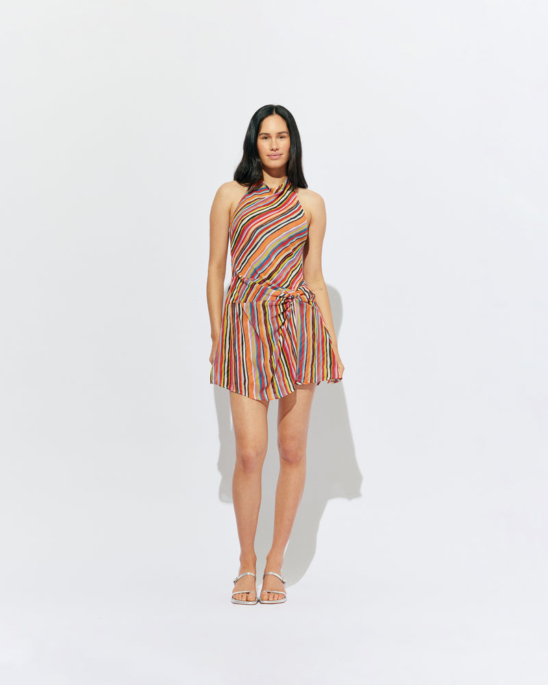 MADRID MINI DRESS LIQUORICE STRIPE | The newest addition to our Madrid story, this mini halter dress is designed in a vibrant liquorice stripe. Featuring a waist tie gather and open back, this is the ultimate statement dress. 