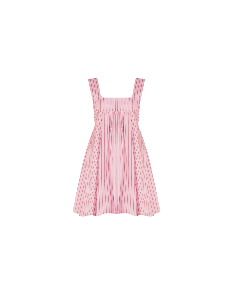 MARGIE TIE MINI DRESS PINK RED STRIPE | Cotton mini dress with a square band bust. The skirt falls into an A-line shape with an exposed back and bow tie closure.