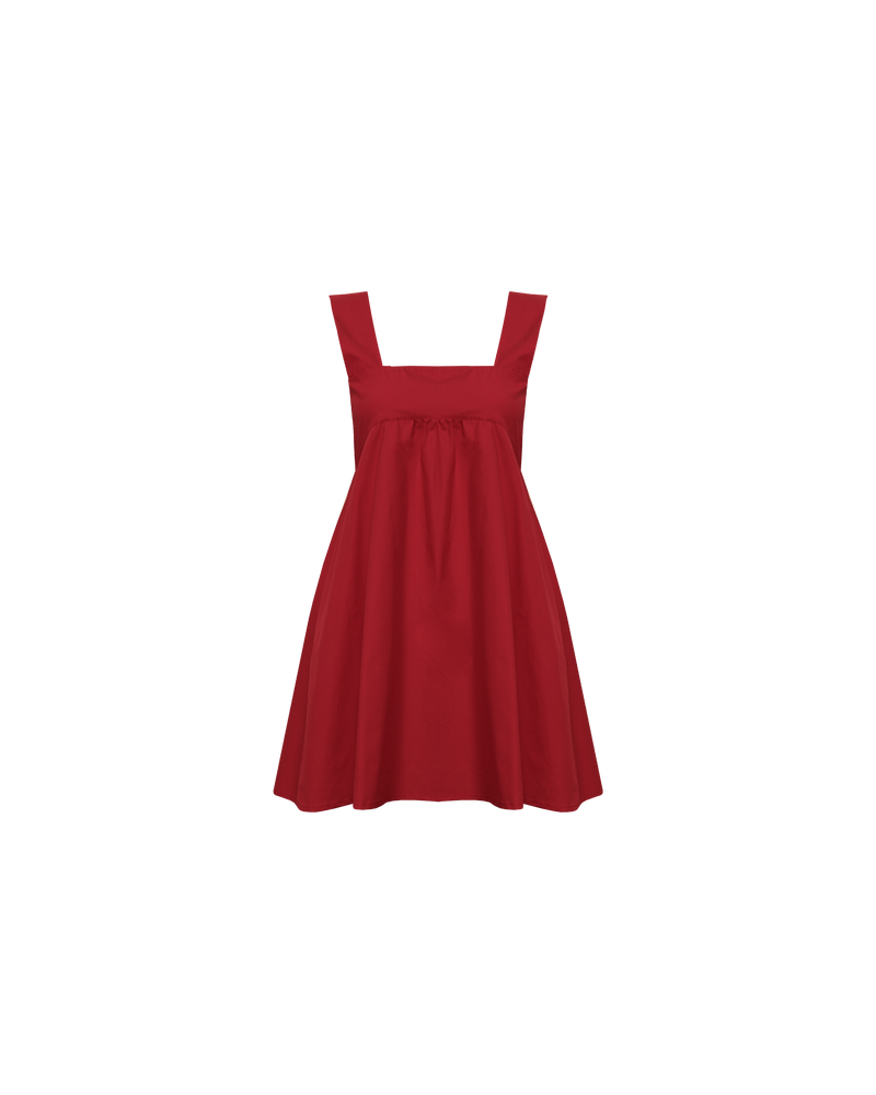 MARGIE TIE MINI DRESS GARNET | Cotton mini dress with a square band bust. The skirt falls into an A-line shape with an exposed back and bow tie closure.