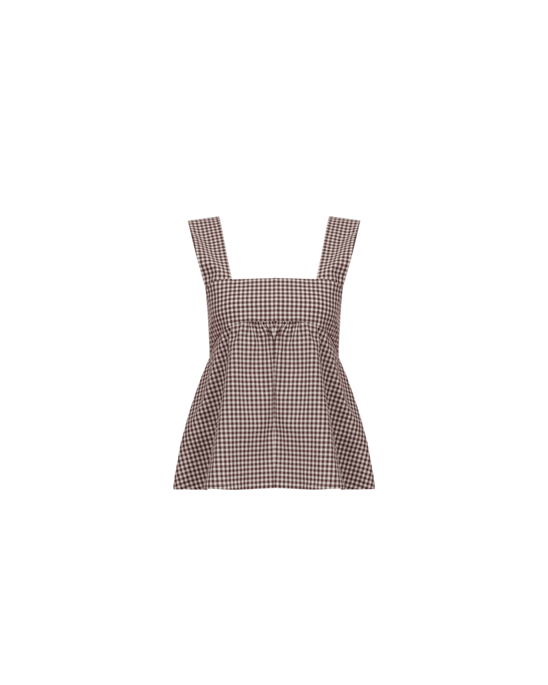 MARGIE TIE-BACK TOP BROWN GINGHAM | Cotton sleeveless top with a square band at the bust. Features a bow tie detail at the back and a cut-out, the cutest summer top worn with your favourite denim.