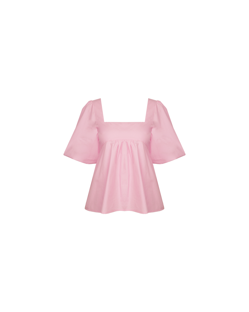MARGIE TIE-BACK BLOUSE PINK | Cotton puff sleeve top with a square band at the bust. Features a bow tie detail at the back and a cut-out, the cutest top worn with your favourite denim.